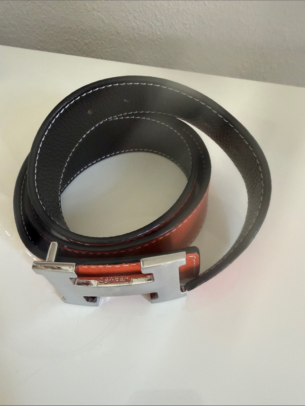 Women’s Leather Belt in Orange with Silver H Buckle - Picture 2 of 2
